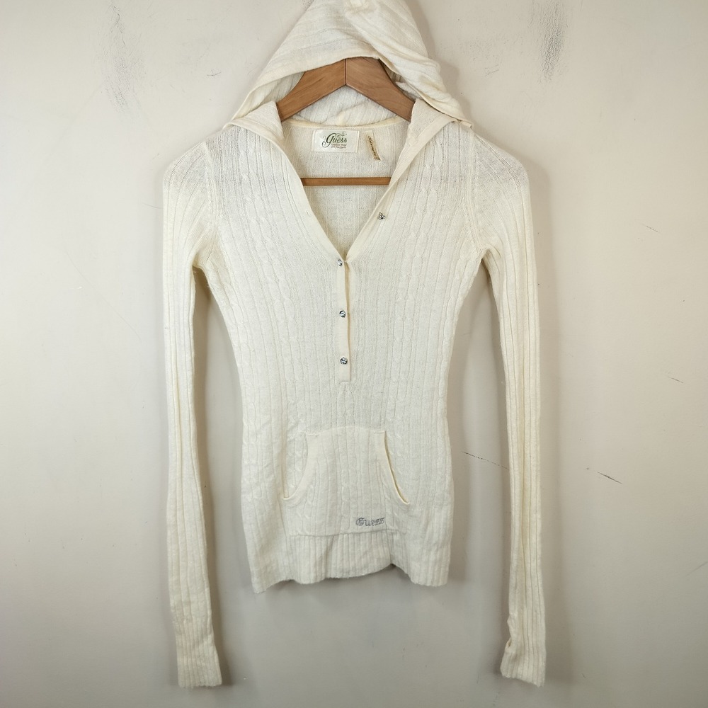 Guess Y2K Vintage Hoodie Sweater XS Rhinestone Button Thumbhole Cream Angora